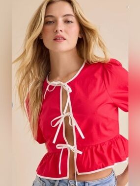 Altar'd State Red Crop Peplum Blouse with White Tie Trim